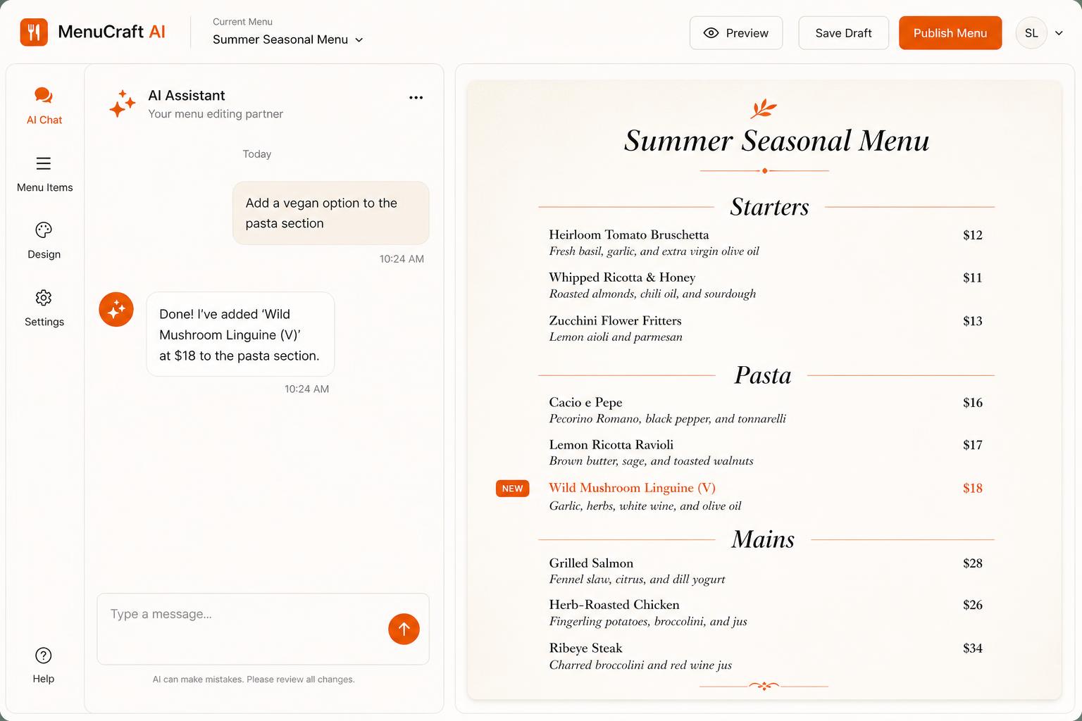 Editing a digital menu inside the Hambal admin panel