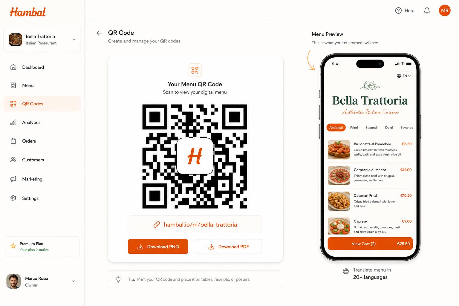 A printed QR code table tent linking to a Hambal digital menu